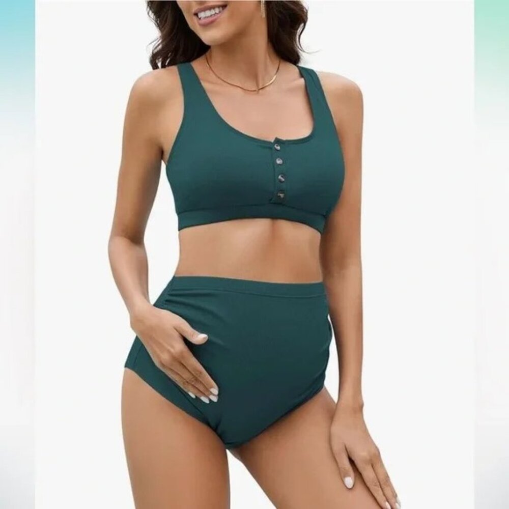 NWT Zando MaternityTwo-Piece High Waist Swimsuit Dark Green Size Small